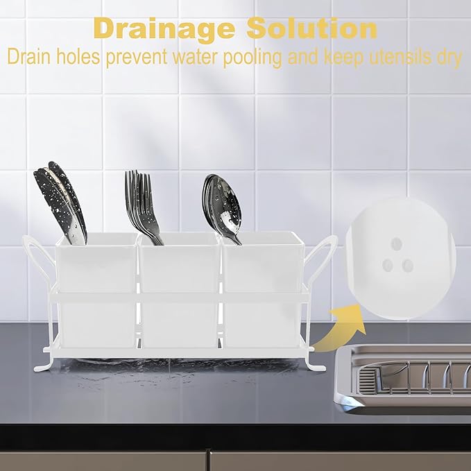 Cutlery Holder with Drain Holes, Silverware Caddy for Party, kitchen counter, 3pcs Bins Set Countertop Utensil Holder for Spoons, Forks and Knives, White