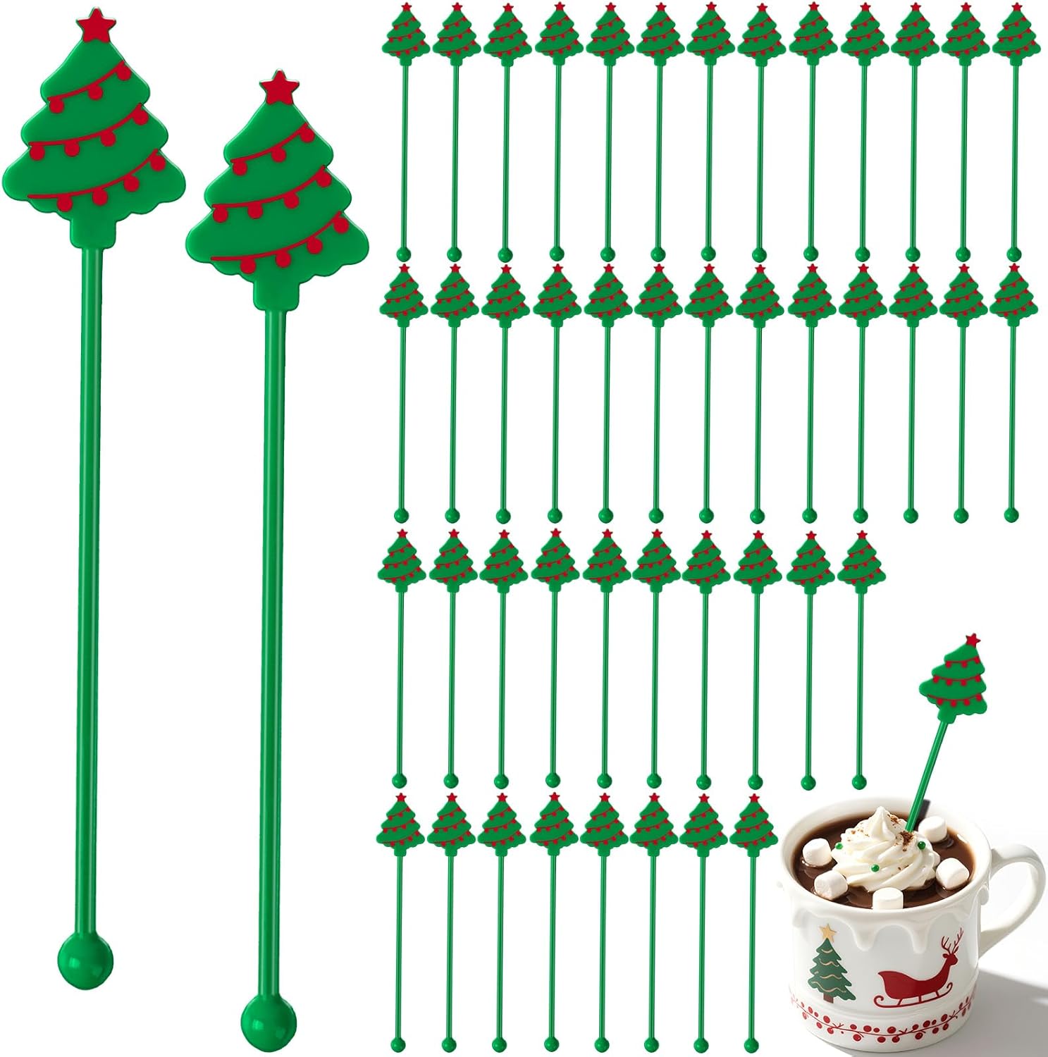 36 Pcs Christmas Drink Stirrers, Christmas Tree Cocktail Stirrers Plastic Swizzle Sticks Reusable Coffee Stirrer Stir Sticks for Xmas Holiday Party Coffee Tea Hot Cocoa Bar Supplies Decoration