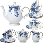 21-Piece Bone China Tea Set for Adults, Blue and White Porcelain Tea Set for 6, Vintage Floral Tea Cup Set With Teapot, Tea Party Sets for Women Gift