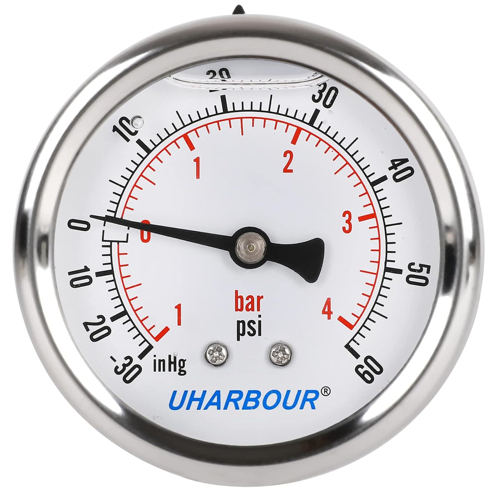 Glycerin Filled Vacuum Pressure Gauge, 2-1/2" Clear dial,1/4" NPT Back Connection, Stainless Steel Case, Brass Movement, Dual Scales -30HG/60PSI……