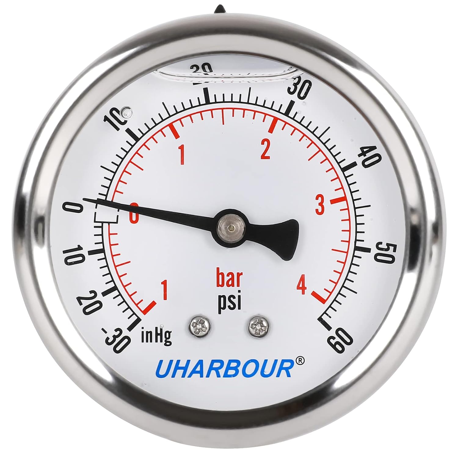 Glycerin Filled Vacuum Pressure Gauge, 2-1/2" Clear dial,1/4" NPT Back Connection, Stainless Steel Case, Brass Movement, Dual Scales -30HG/60PSI……