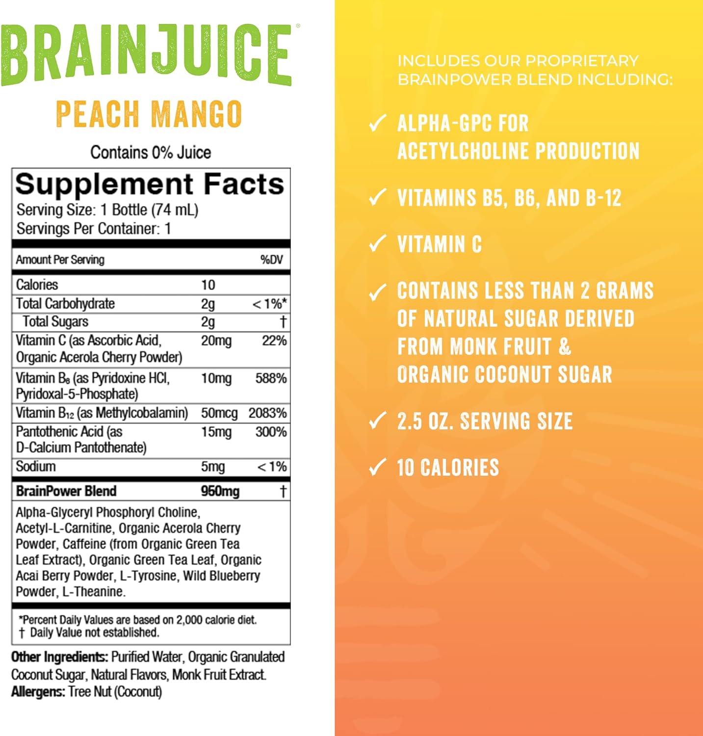 BrainJuice Focus & Energy Drink Shots, Nootropics with Alpha GPC, B Vitamins & Organic Green Tea Caffeine, Supports Focus, Memory & Clarity, Non-GMO, Gluten Free, Peach Mango, 2.5 fl oz, 12 Pack