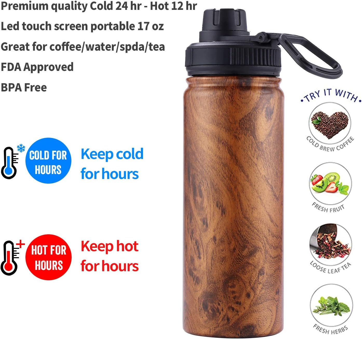 Sivaphe Tea Infuser Bottle With Removable Loose Leaf Tea Strainer, 18/8 Stainless Steel Insulated Travel Tumbler Festival Gift(Wood Grain)