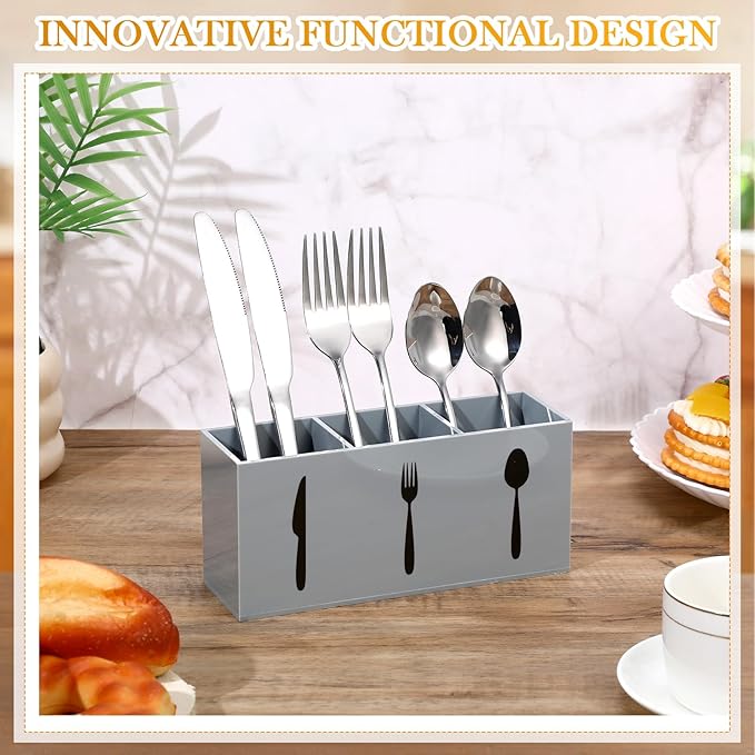 Suzile Acrylic Cutlery Storage Organizer Bin Silverware Caddy Countertop Knife Spoon and Fork Holder Kitchen 3 Section Tableware Storage Box for Cabinet Indoor Home Flatware Dining Room (Gray,M)