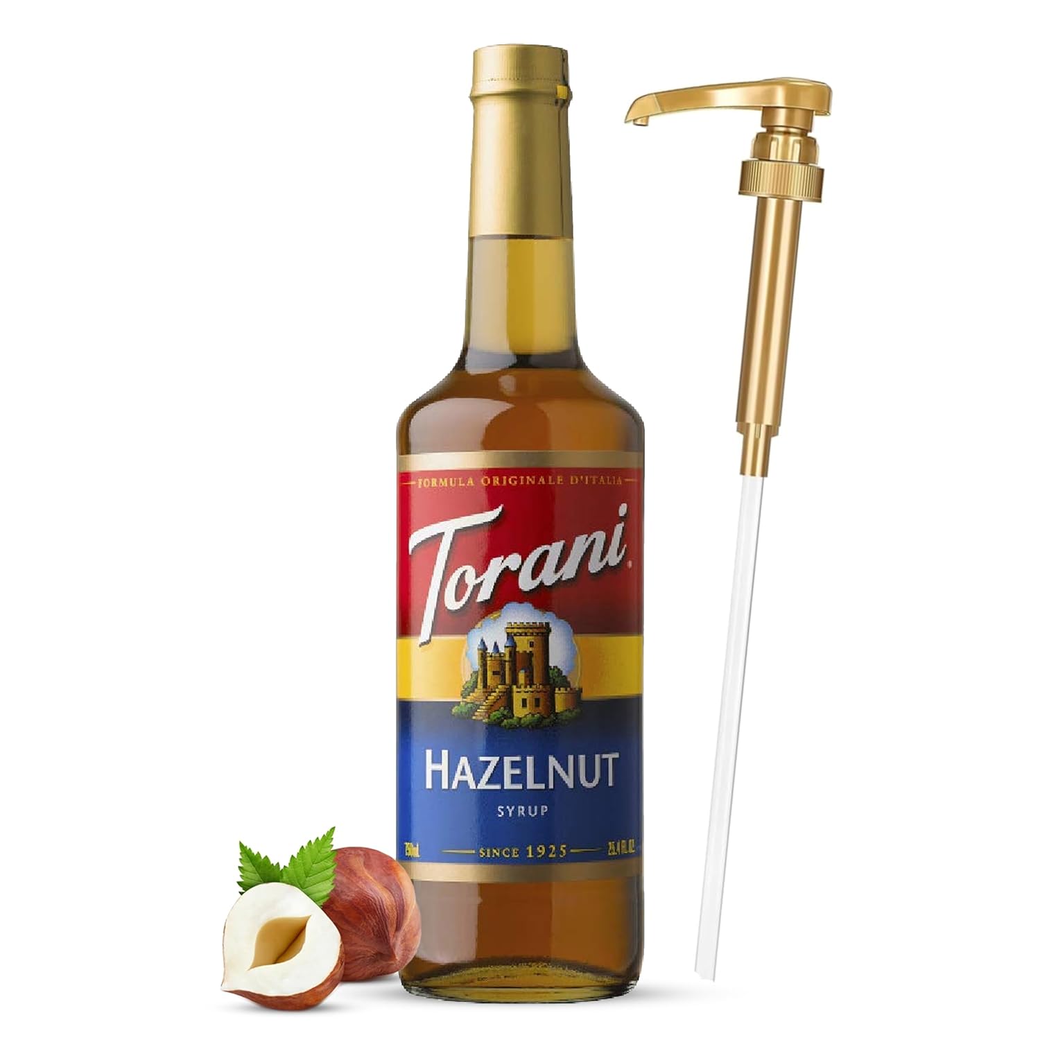 Jimoco® Syrup Pump Dispenser + Torani® Hazelnut Syrup, 25.4 oz - Coffee Syrup Pump & Flavoring Bundle