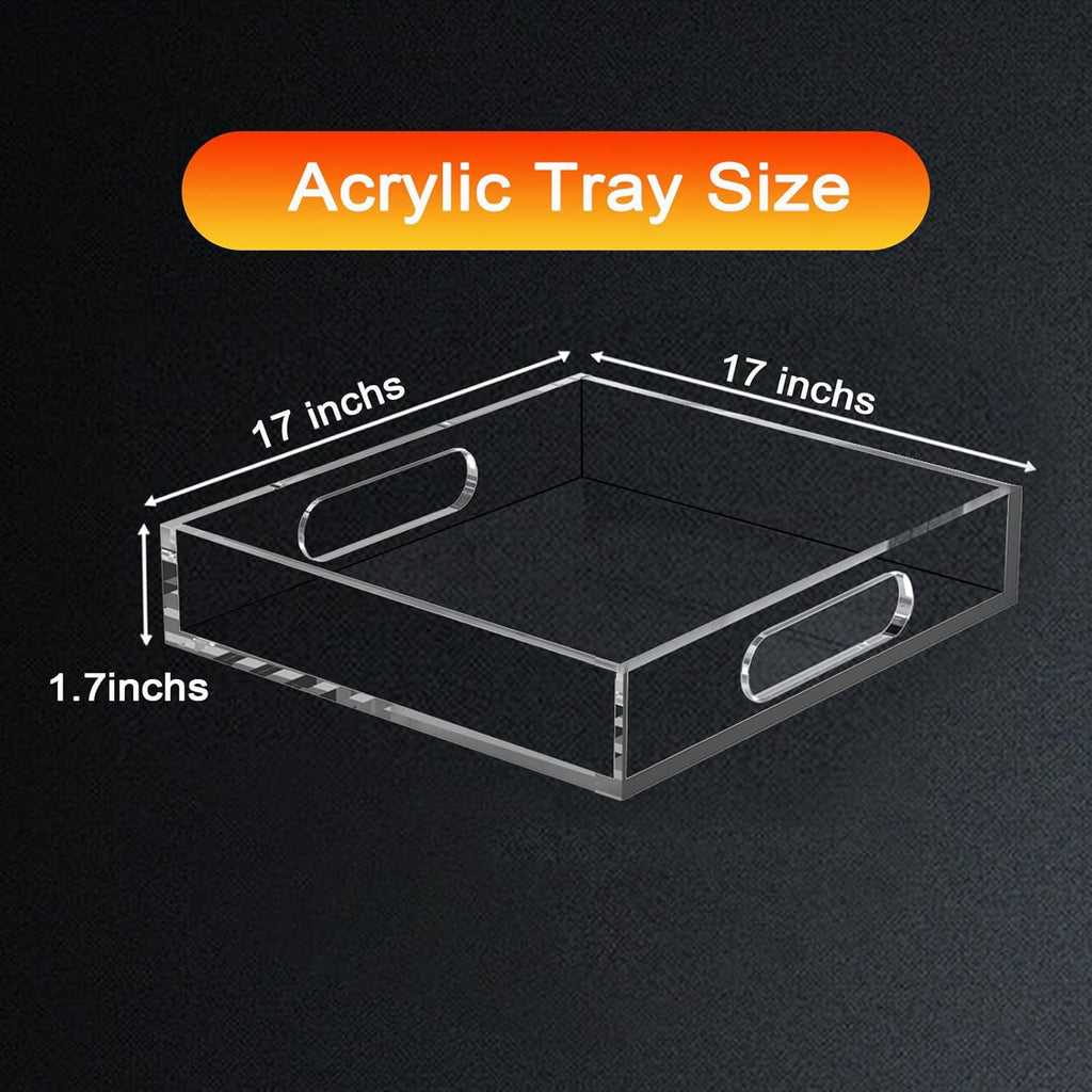 17 * 17 Acrylic Organizer Tray Large, Serving Tray with Handle, Lucite Tray Organizer for Bench, Coffee Table Countertop, Kitchen, Bathroom, Living Room, Powder Room