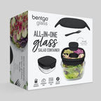 Bentgo Glass All-in-One Salad Container - Large 61-oz Salad Bowl with Lid, 4-Compartment Bento-Style Tray, 3-oz Sauce Container, and Reusable Fork - Dishwasher, Microwave, and Oven Safe (Black Onyx)
