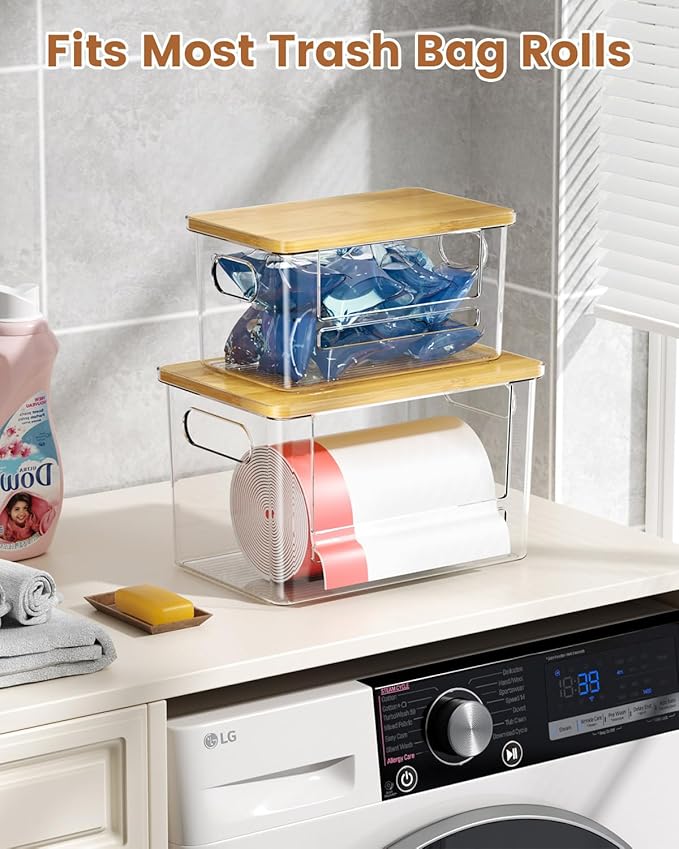 Trash Bag Dispenser 2 Pack (XL+S) - Acrylic Garbage Bags Dispenser with Bamboo Top, Trash Bag Holder Under Sink for Pantry, Kitchen, Laundry Room, Cabinet