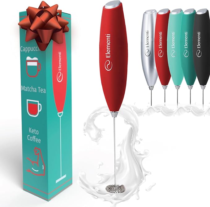 Elementi Milk Frother Handheld - Wisking Tool Electric - Hand Frother for Coffee - Electric Stirrer & Mini Mixer - Drink Mixer Handheld Coffee Whisk (Red)