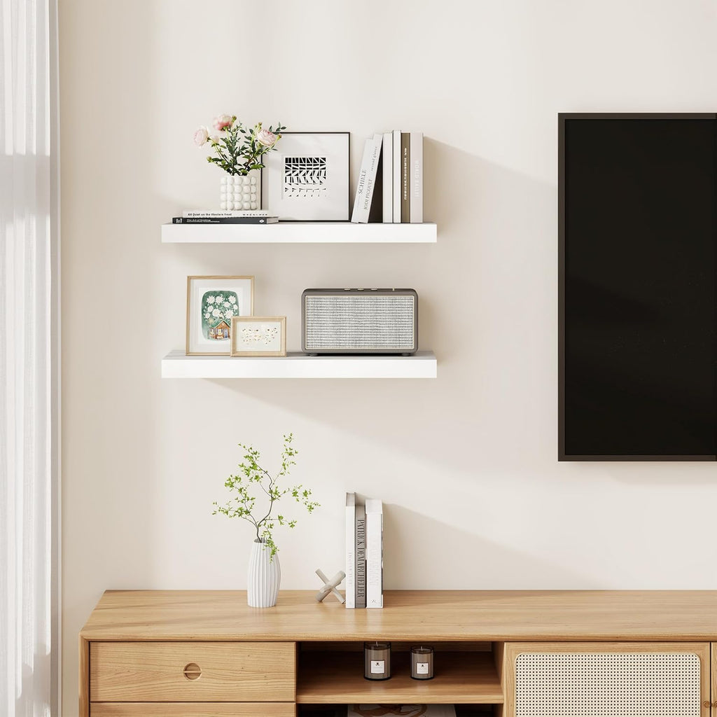 Fun Memories Rustic Floating Shelves for Home Decor, 8 Inch Deep Floating Shelf, Solid Wood Floating Wall Shelves 24 Inch Long, Deep Wall Shelves for Bathroom, Living Room, White Finsh, Set of 2