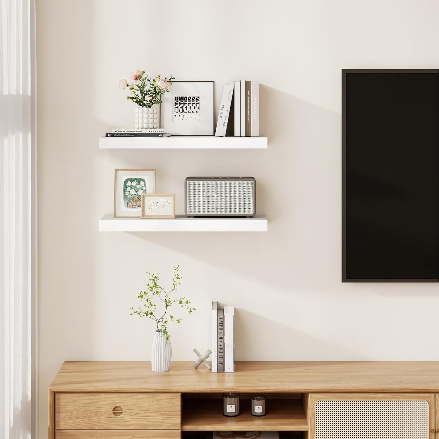 Fun Memories Rustic Floating Shelves for Home Decor, 8 Inch Deep Floating Shelf, Solid Wood Floating Wall Shelves 24 Inch Long, Deep Wall Shelves for Bathroom, Living Room, White Finsh, Set of 2