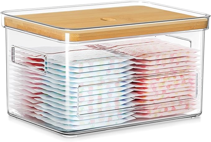 Acrylic Trash Bag Holder, Multi Purposes Clear Organizers and Storage with Bamboo Lid, Kitchen Paper Holder Stackable Toilet Tissue Storage