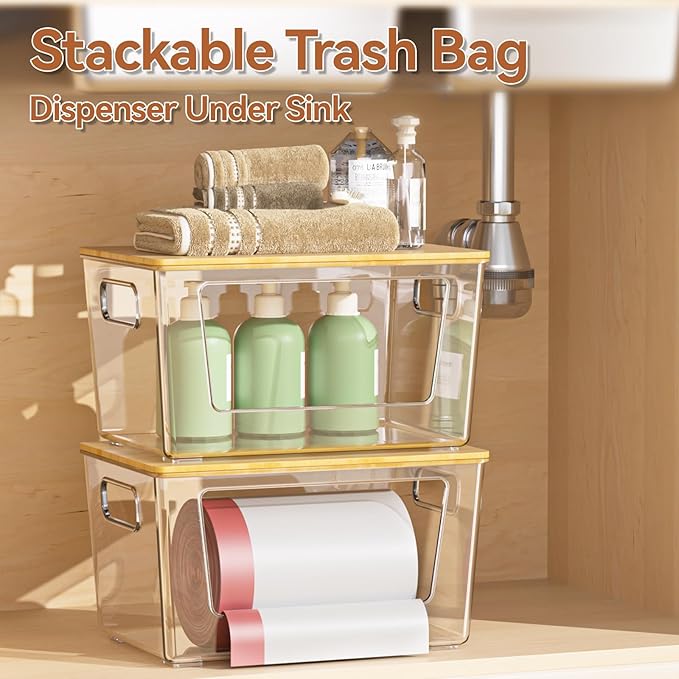 2 Pack Trash Bag Holder with Bamboo Lid, Stackable Trashbag Dispenser, Extra Large Garbage Bag Holder for Kitchen Laundry Room Under Sink Organization and Storage