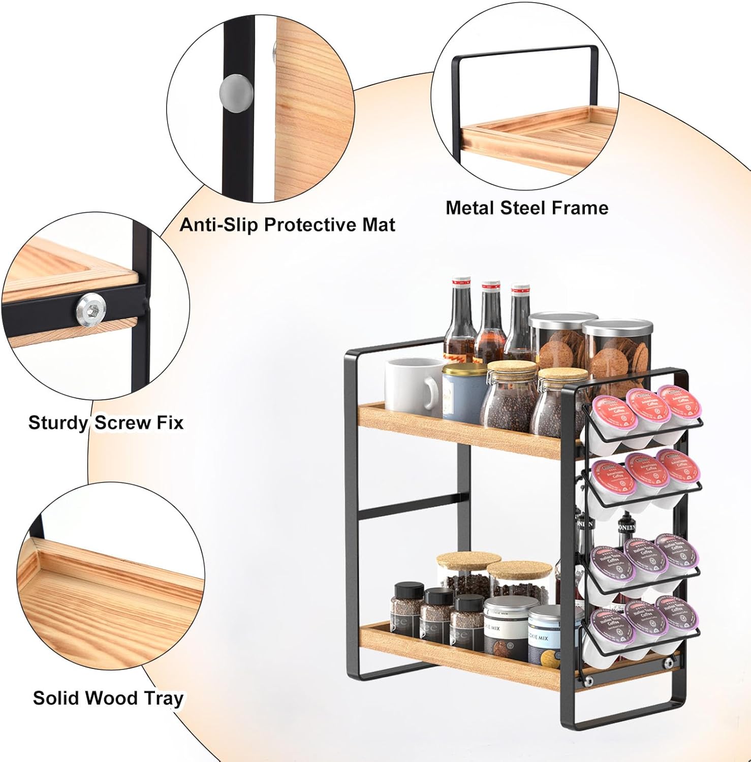 LEMIKKLE Coffee Station Organizer for Counter,Condiment Storage Caddy for Kitchen,2 Tier Wooden Shelf for Coffee Bar Accessories,Coffee Bar Organizer for Kitchen, Home, Office-Brown