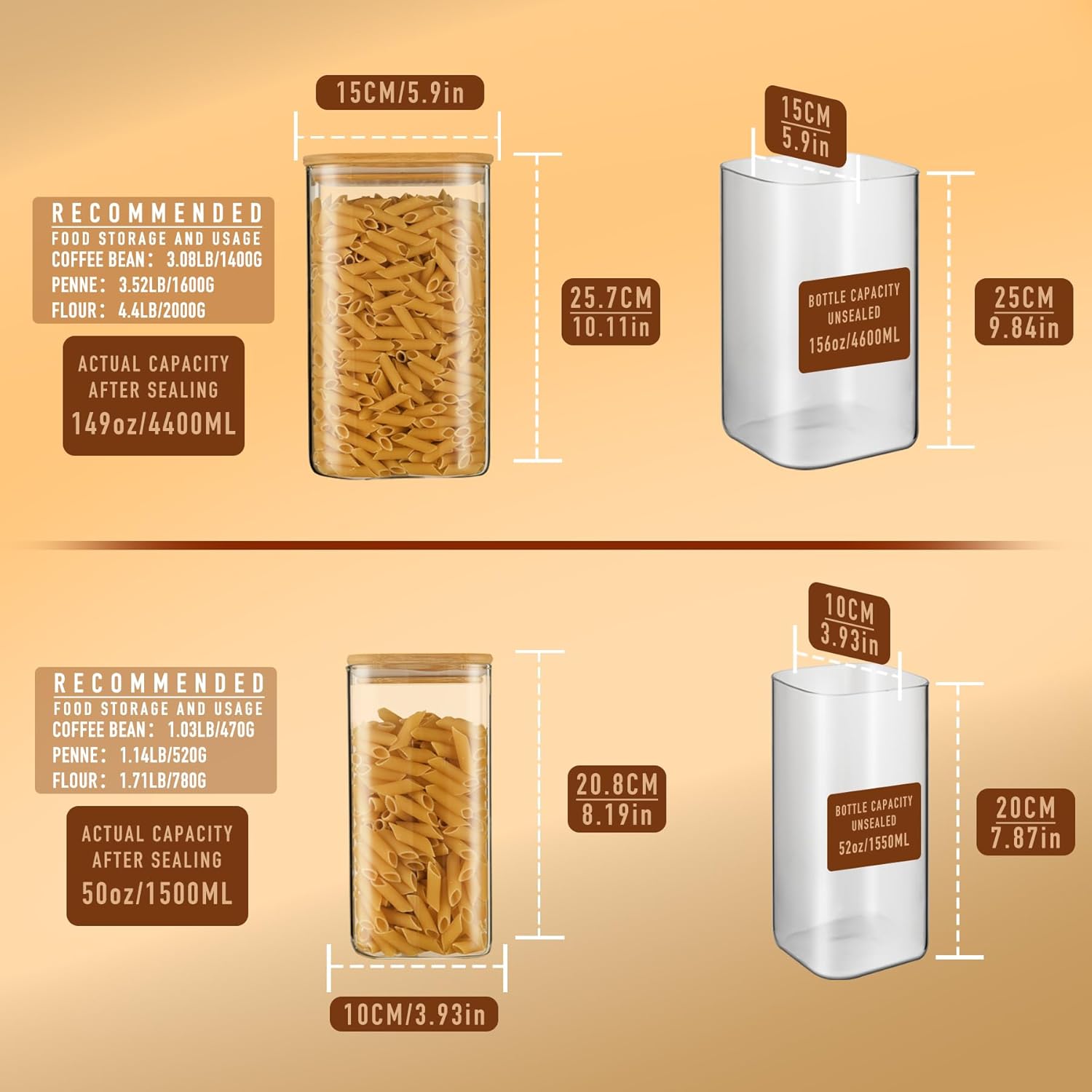156oz 52oz Airtight Glass Square Storage Canister with Bamboo Lid Set of 2(4600ml*1 1550ml*1) Large Gallon Glass Jars for Sugar, Flour, Cookies and Coffee beans (‎with Black Lable)