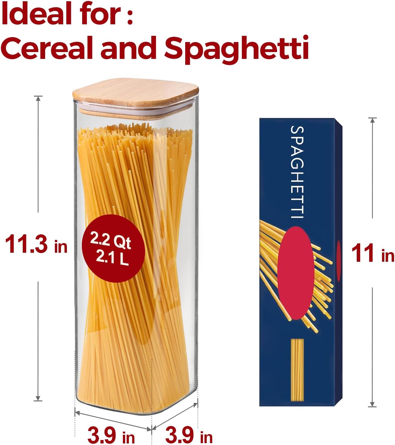 Rectangle Glass Storage Containers with Lids, Glass Jars with Bamboo Lids for Spaghetti, Pasta, Kitchen Pantry Storage Containers (2 pack 2.2qt)