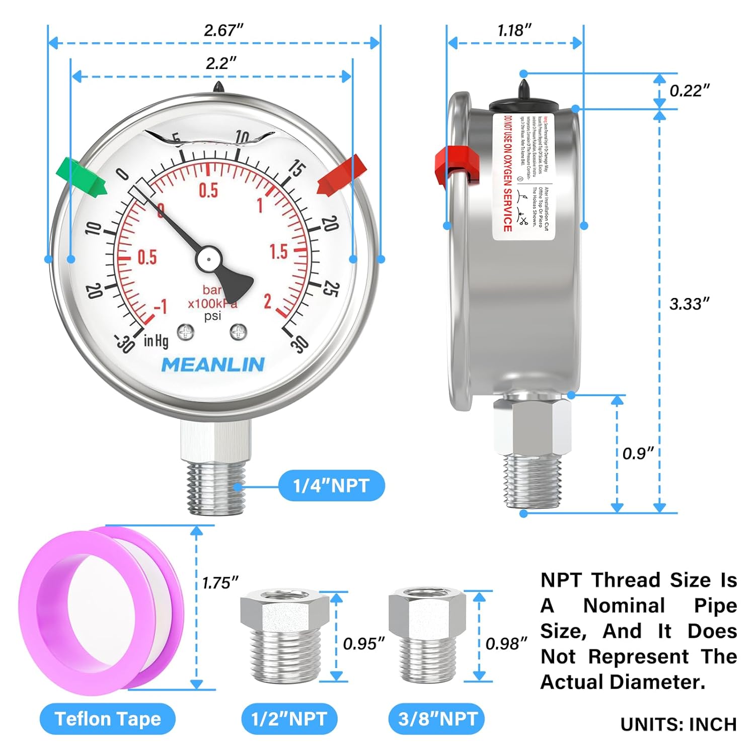 MEANLIN MEASURE -30inHG~30Psi Vacuum Pressure Gauge 316 Stainless Steel Joint 1/4"NPT 2.5"FACE DIAL, Liquid Filled Pressure Gauge WOG Water Oil Air Lower Mount with Stainless Steel Hex Bushing, Snaps