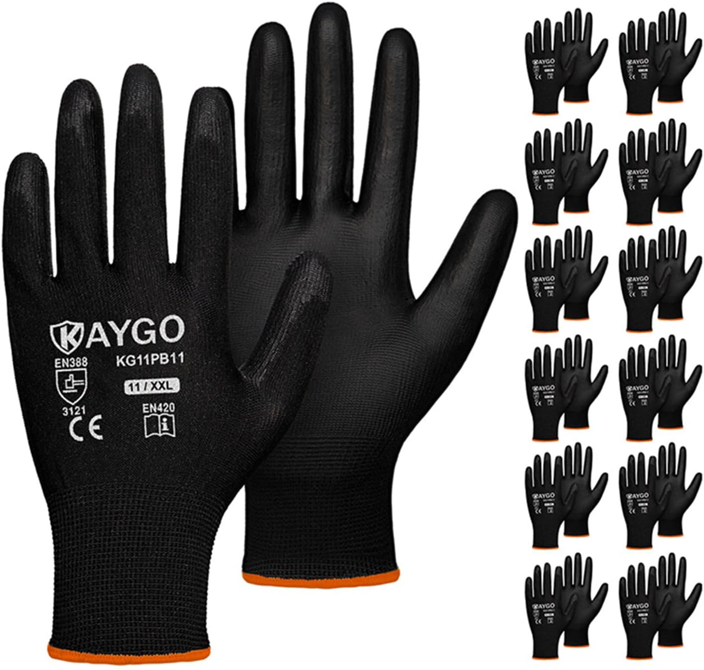 KAYGO Safety Work Gloves PU Coated,12 Pairs KG11PB Seamless Knit Glove for Men and Women, with Smooth Grip on Palm and Fingers, Ideal for General Duty Work (XX-Large, Black)