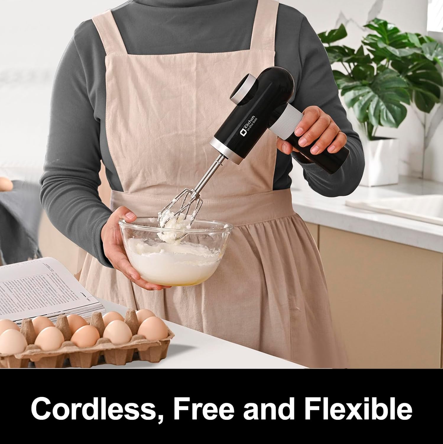 Kitchen in the box Cordless Rechargeable Hand Mixer for Kitchen, Portable Handheld Electric Mixer with Beaters, Whisks, 6-Speed Digital Display, Charging Base and USB-C Charge Cable (Classic Black)