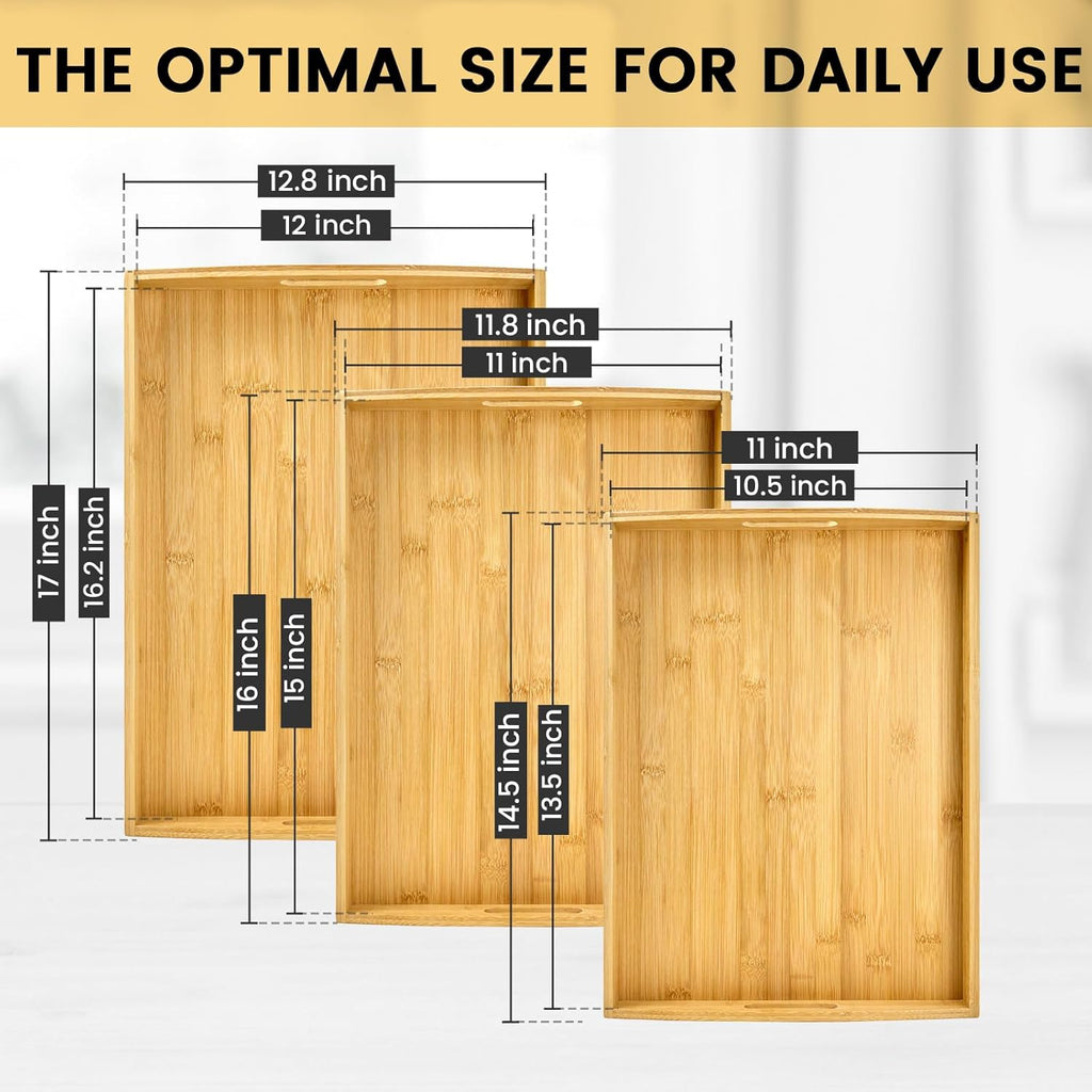 Bamboo Serving Tray with Handles Set of 3 - Decorative Wooden Trays for Eating, Working, and Storing, Suitable for Use in Bedroom, Living Room, Kitchen, Bathroom, Outdoor Scenarios and More