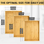 Bamboo Serving Tray with Handles Set of 3 - Decorative Wooden Trays for Eating, Working, and Storing, Suitable for Use in Bedroom, Living Room, Kitchen, Bathroom, Outdoor Scenarios and More