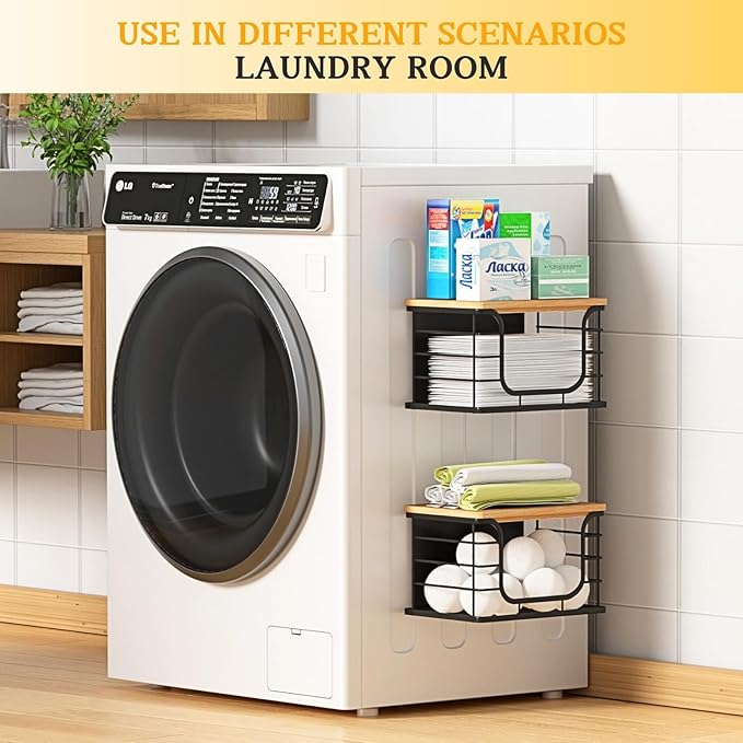 Ofiray-home Magnetic Shelf for Fridge Trash Bag Storage, 1 Pack Stackable Garbage Bag Holder with Bamboo Lid, Magnetic Storage Bin for Refrigerator, Under Sink, Kitchen Pantry Organization – Black