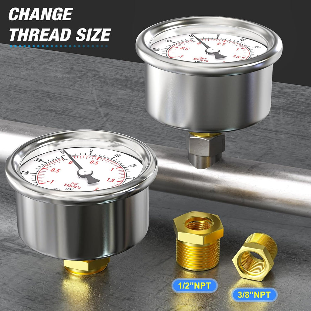 MEANLIN MEASURE -30inHG~30Psi Vacuum Gauge Stainless Steel 1/4" NPT 2" FACE DIAL Waterproof for Air Compressor HVAC Negative Pressure Hand Pump Pool Back Mount with 1/2" NPT and 3/8" NPT Hex Bushing