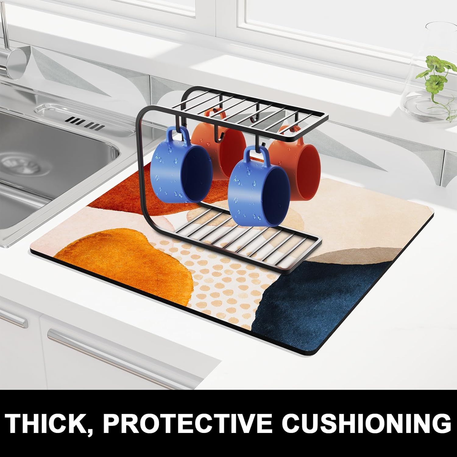 Rnivvi Dish Drying Mat for Kitchen Counter, 16 x 18" Cute Boho Theme Absorbent Heat Resistant Drying Pad with Non-slip Rubber, Coffee Bar Mats for Coffee Machine Dish Rack, Abstract Stones Art