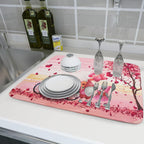 Pink Heart Valentine's Day Gnomes Dish Drying Mat for Kitchen Counter,Pink Bicycle Love Tree Drying Mat 18 x 24 Inch with Absorbent Reversible Microfiber Dish Drying Pad Dish Rack Pad for Coffee Bar