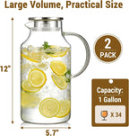2 Pack 1 Gallon thickened Glass Pitcher with Lid and Spout, Borosilicate Glass Carafe for Hot/Cold Drink, Water Pitchers for Fridge, Extra Large Jug with Handle for Iced Tea, Coffee,Juice, Beverage
