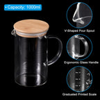 PATIKIL 1000ml Glass Measuring Cup, 3.3 Borosilicate Glass Graduated Black Printed Scale Liquid Measure Cups Beaker with Wood Lid and V-Shaped Spout for Kitchen