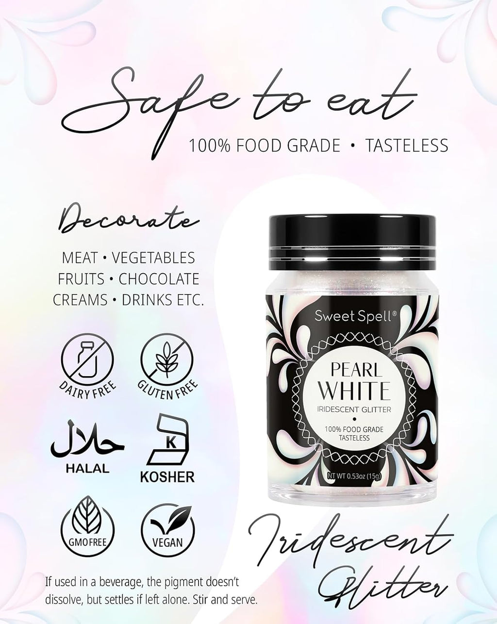 Sweet Spell Edible Glitter (15g) - Shimmer Sparkles for Drinks, Cakes, Cocktails - 100% Edible & Food Grade Glitter, Vegan, Gluten-Free (Iridescent Pearl White)