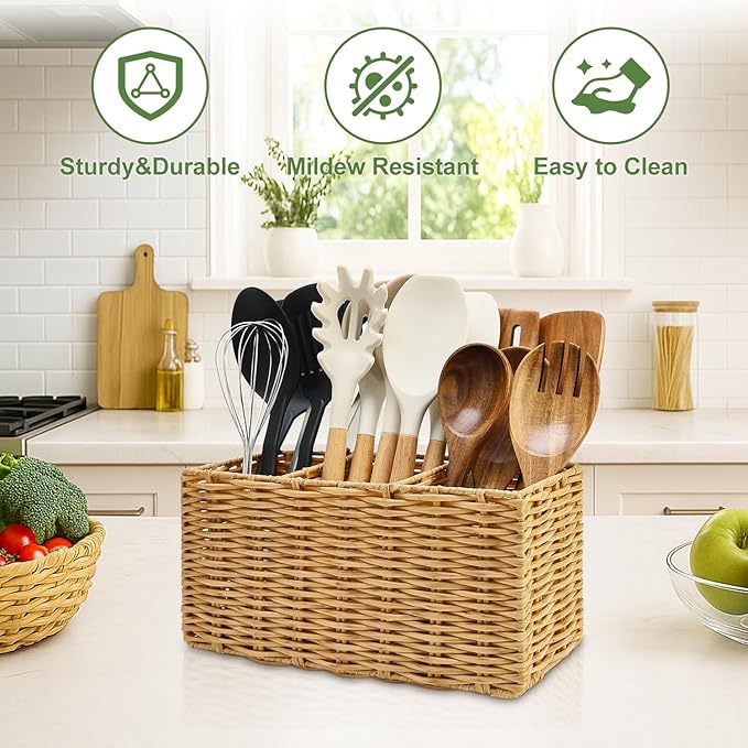Extra Large Cooking Utensil Holder for Kitchen Counter Utensils Storage Organizer Caddy for Countertop Spatula Holder Big Utensil Crocks Jar Wicker Kitchen Tool Table Holders Decor Accessories