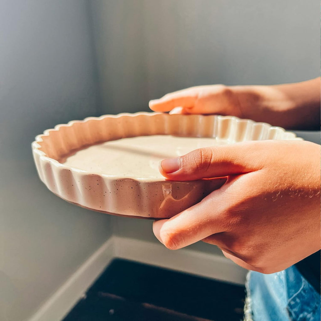 Mora Ceramic Tart Pan, 9.5 Inch Large Porcelain Baking Dish for Tarts, Quiche, Pie, Flan etc. Fluted Ruffled Edge, Oven, Microwave, Freezer, and Dishwasher safe - Great Gift For Bakers - Chai