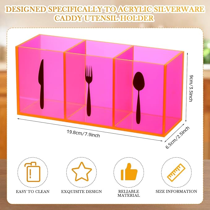 Suzile Acrylic Cutlery Storage Organizer Bin Silverware Caddy Countertop Knife Spoon and Fork Holder Kitchen 3 Section Tableware Storage Box for Cabinet Indoor Home Flatware Dining Room(Pink,M)