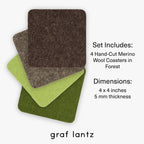 Graf Lantz - Bierfilzl Merino Wool Square Coasters Set of 4 - Forest (4"x4"x5mm) - Absorbs 30% of Weight - Natural German Wool - Heat Resistant, Sustainable, Reusable - Home Decor, Coffee Table Decor