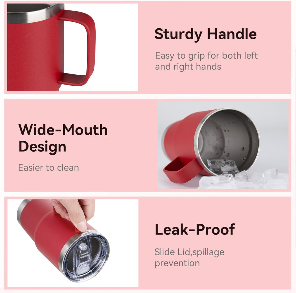 HASLE OUTFITTERS 20oz Tumbler with Lid, Stainless Steel Tumbler with Handle, Metal Insulated Travel Coffee Mug with Handle, Double Wall Vacuum Spill Proof Tumbler Cup, Red 1 Pack