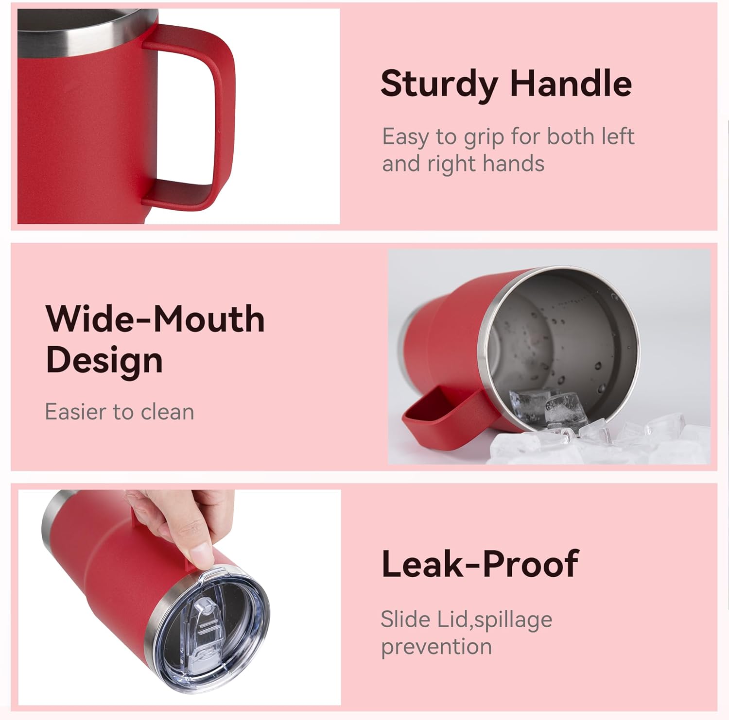 HASLE OUTFITTERS 20oz Tumbler with Lid, Stainless Steel Tumbler with Handle, Metal Insulated Travel Coffee Mug with Handle, Double Wall Vacuum Spill Proof Tumbler Cup, Red 1 Pack