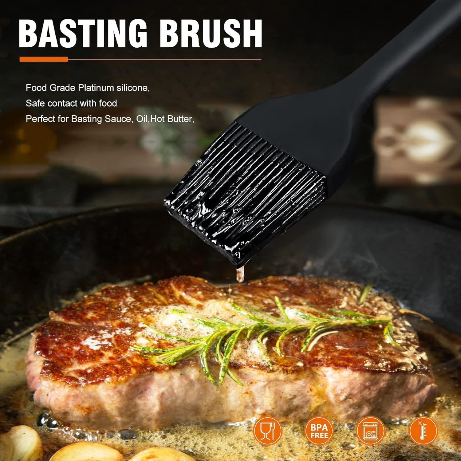 Walfos Basting Brush Silicone and BBQ Mop, Grill Basting Mop with 3 Heads and 2Pcs Pastry Brushes, Wooden Long Handle, Heat Resistant for Grilling, Smoking Steak, Kitchen Cooking (18"）