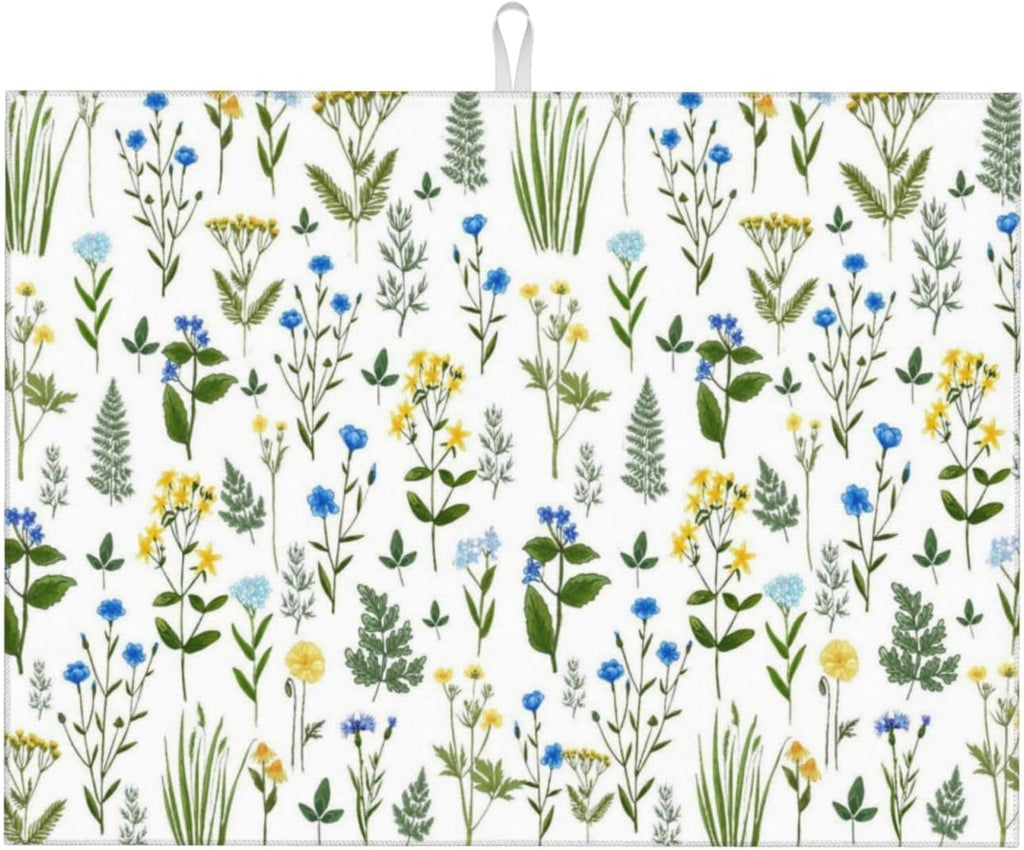 Blue Yellow Wildflower Dish Drying Mats for Kitchen Counter, Vintage Botanic Fern Leaves Floral Kitchen Drainer Pad, 18" x 24" Absorbent Microfiber Washable Reusable Dish Draining Mats, Home Decor