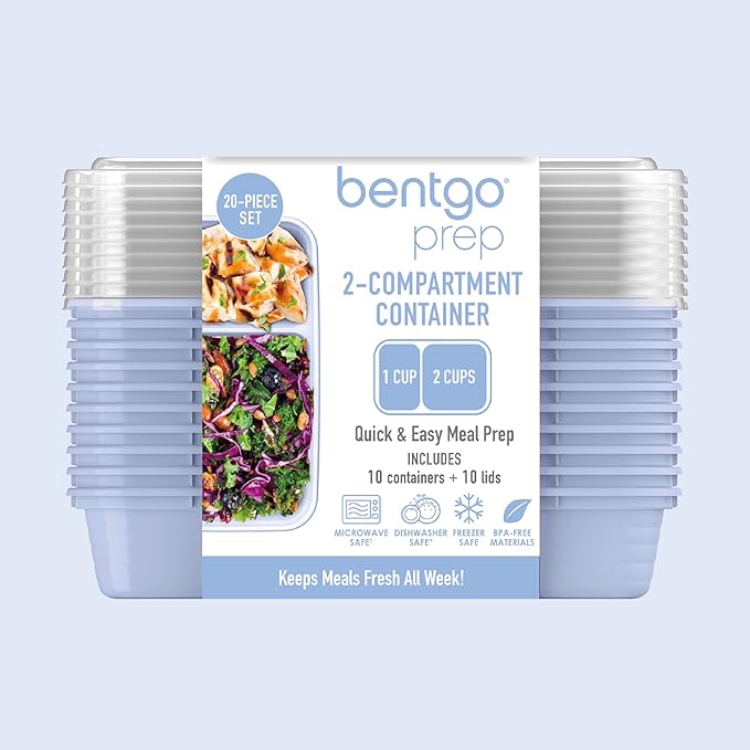 Bentgo Prep - 20-Piece 2-Compartment Reusable Meal Prep Containers with Lids, PFAS & BPA Free Materials, Durable, Microwave, Freezer, & Dishwasher Safe To Go Food Storage (Periwinkle)