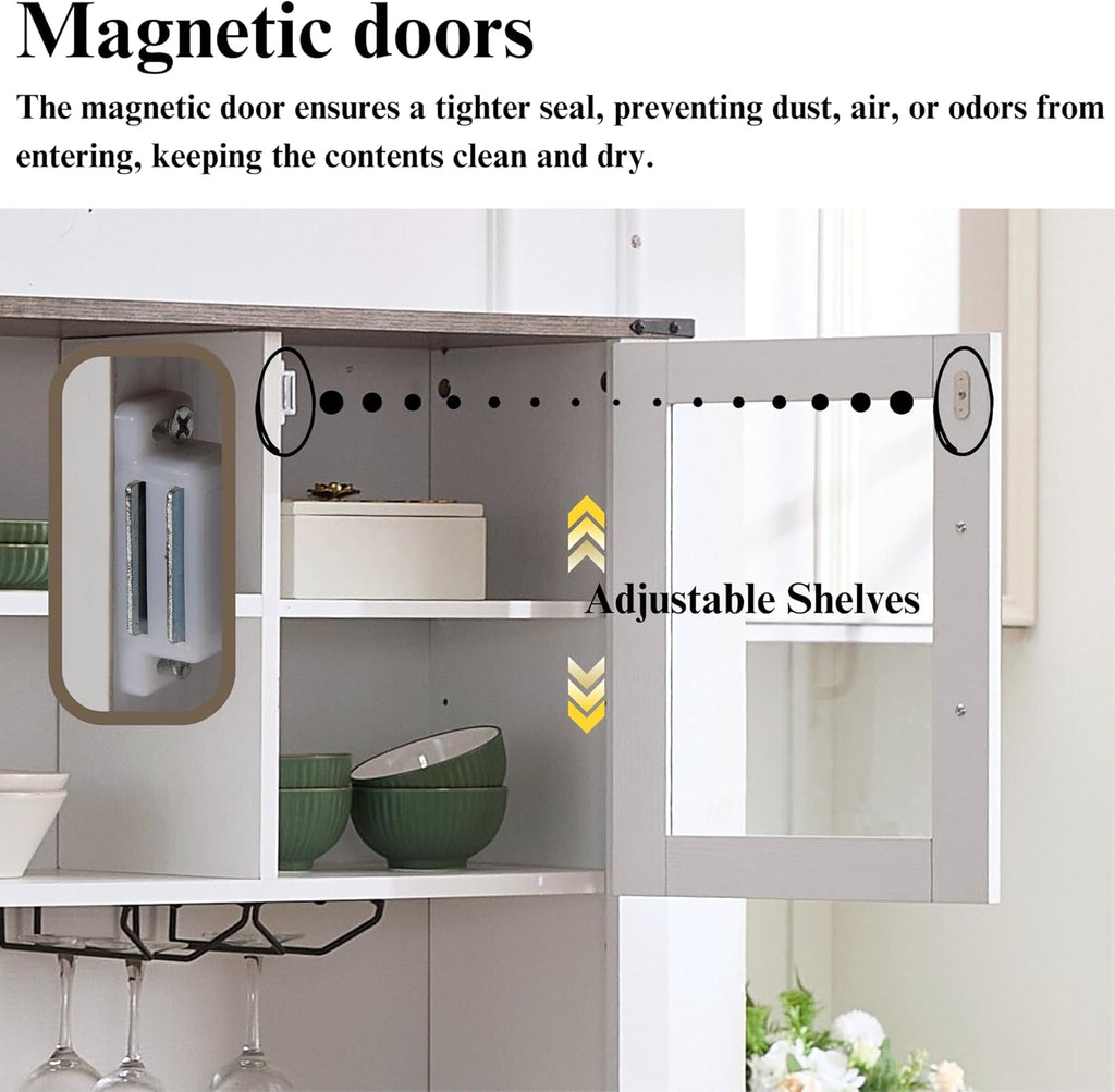 Coffee Bar Cabinet with Sliding Barn Doors 71'' Farmhouse White Pantry Cabinet with Drawers & Wine Glass Rack Rustic Buffet Cabinet for Kitchen, Brown