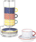Selamica Ceramic Cappuccino Cups with Saucers and Metal Stand, 8 OZ Stackable Espresso Coffee Cups for Coffee, Latte, Americano, Tea, Set of 4, Assorted Colors
