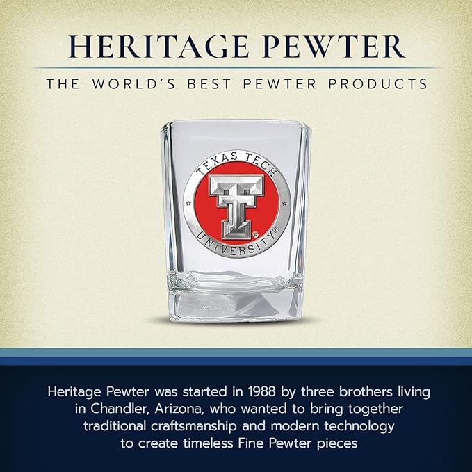 Heritage Pewter Texas Tech Square Shot Glass | Hand-Sculpted 1.5 Ounce Shot Glass | Intricately Crafted Metal Pewter Alma Mater Inlay