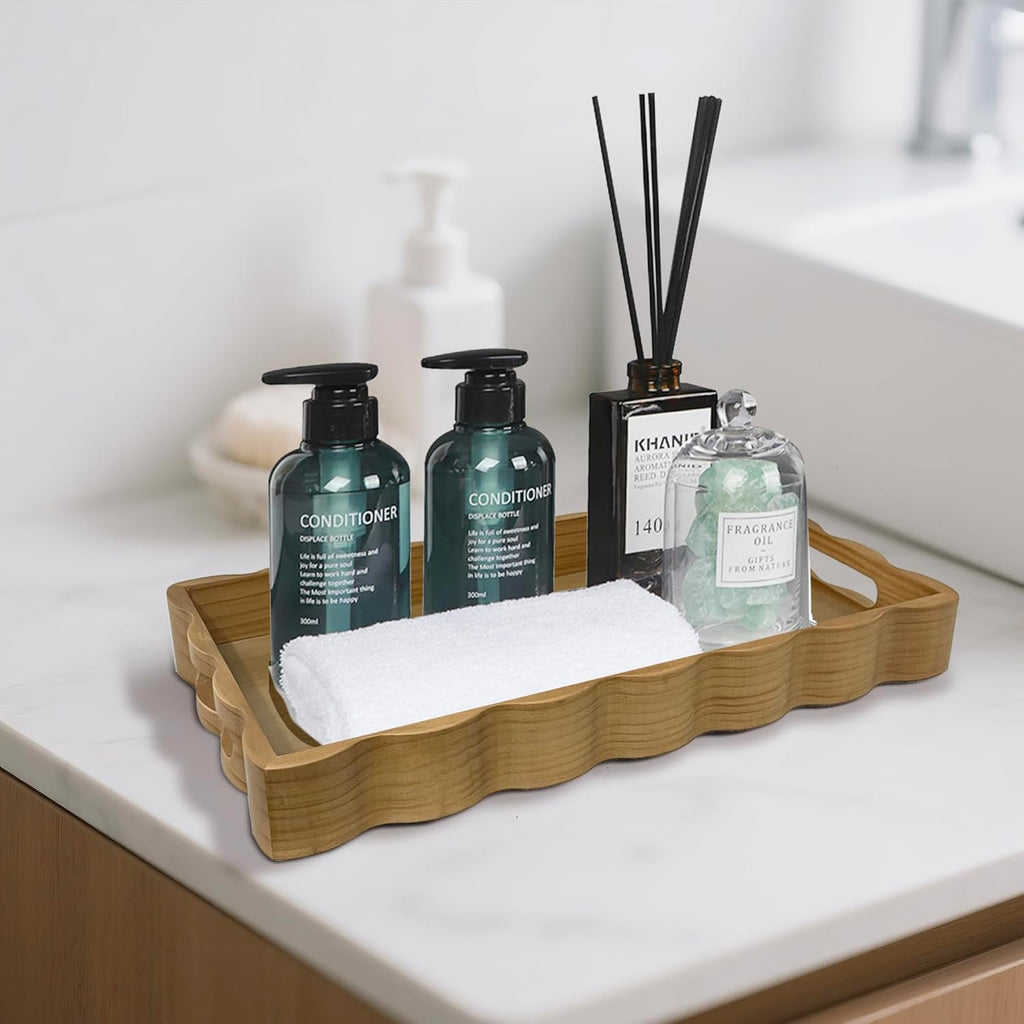 JUIOETURPine Wood Decorative Tray with Handle Rectangular Wooden Serving Tray for Breakfast in Bed,Coffee Table,Dining Table,or Kitchen - Perfect for Living Room,Bedroom,and Entryway Decor (burlywood)