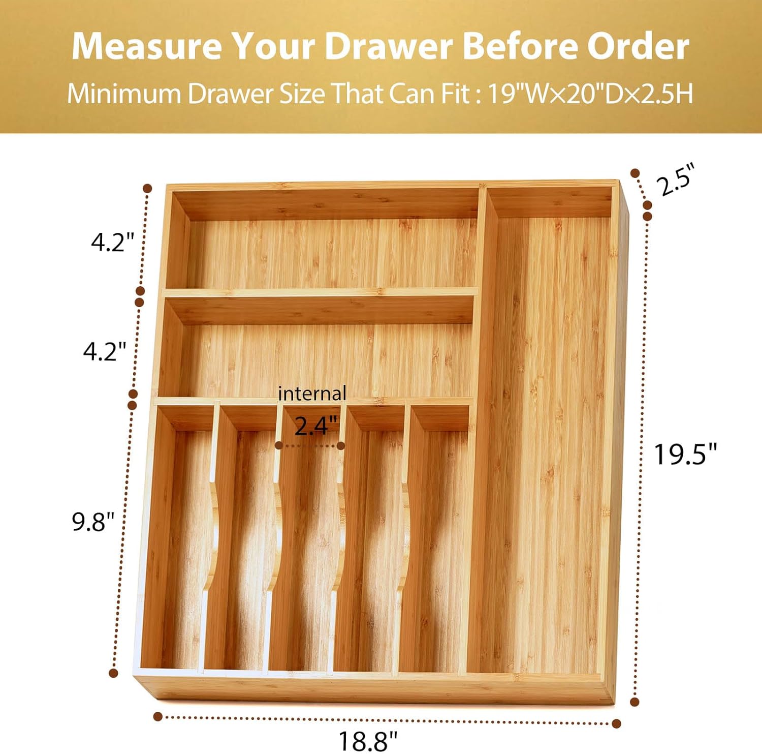 Umilife Large Kitchen Drawer Organizer, 19"x20" Silverware Utensils Organizer, 2.5" High for Large Deep Drawers, Bamboo Flatware Holder with Thick Frames, Sturdy Kitchen Organization Tray