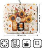Autumn Sunflowers Vase Dish Drying Mat for Kitchen Counter,Fall Pumpkin Maple Leaves Drying Mat 16 x 18 Inch with High Absorbent Microfiber Dish Drying Drainer Mat for Coffee Bar