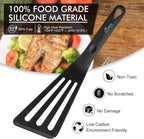 HOTEC 600℉ Heat Resistant Silicone Slotted Fish Turner Spatula Set, BPA Free Flipper Cooking Spatulas, for Non Stick Cookware Dishwasher Safe, Black