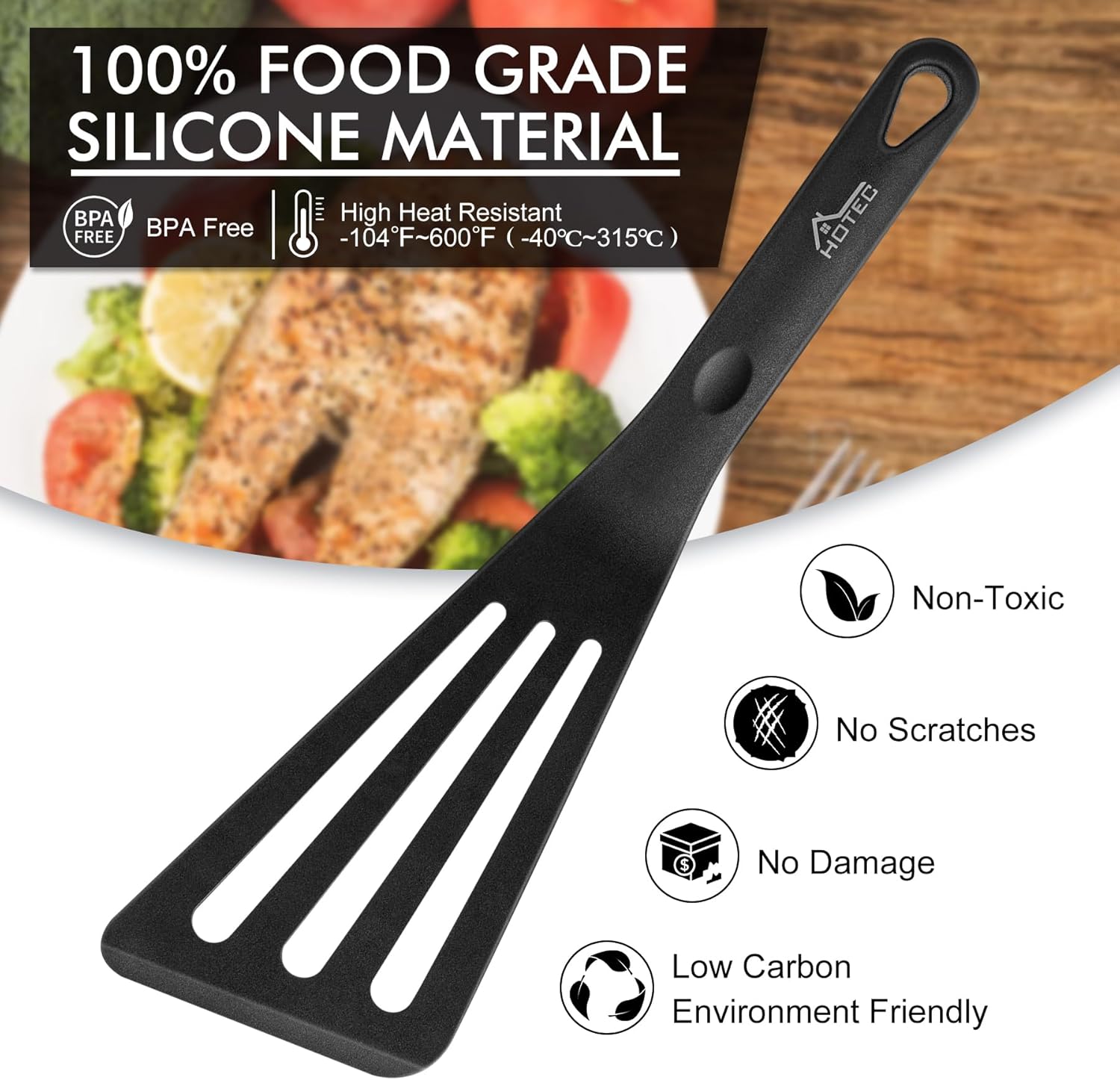 HOTEC 600℉ Heat Resistant Silicone Slotted Fish Turner Spatula Set, BPA Free Flipper Cooking Spatulas, for Non Stick Cookware Dishwasher Safe, Black