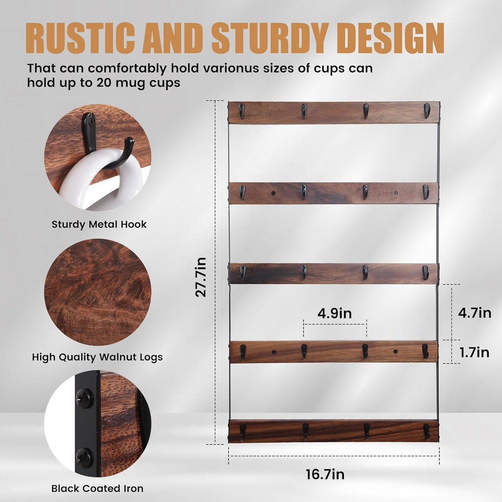 Wall Mounted Coffee Mug Holder, Large 5 Tier Shelf with 20 Hooks for Cups, Rustic Wooden Display Rack for Kitchens, Homes and Bars (Walnut)